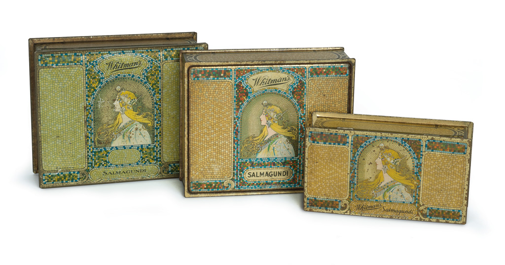DAPRÈS ALPHONSE MUCHA (1860-1939). [WHITMANS CHOCOLATE.] Group of 3 tin boxes and one print advertisement. Circa 1920s. Sizes vary.